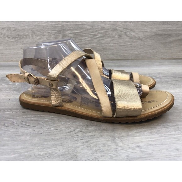 Sorel Women's Ella Criss Cross Beige Gold Leather Toe Loop Strappy Sandals 9.5M